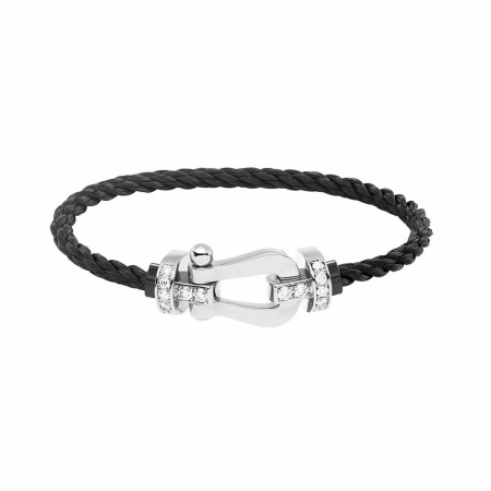 Bracelet FRED Force 10 grand modèle manille en or blanc, diamants et câble en corderie noire