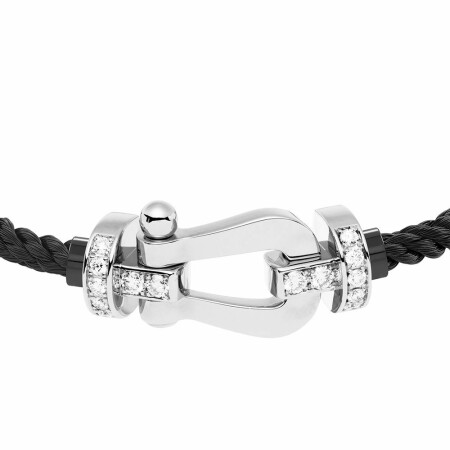 Bracelet FRED Force 10 grand modèle manille en or blanc, diamants et câble en corderie noire