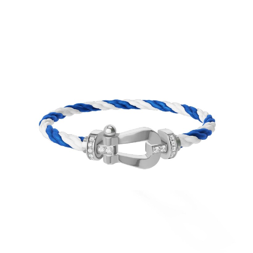 Bracelet FRED Force 10 grand modèle manille en or blanc, diamants et câble en corderie bleu et blanc