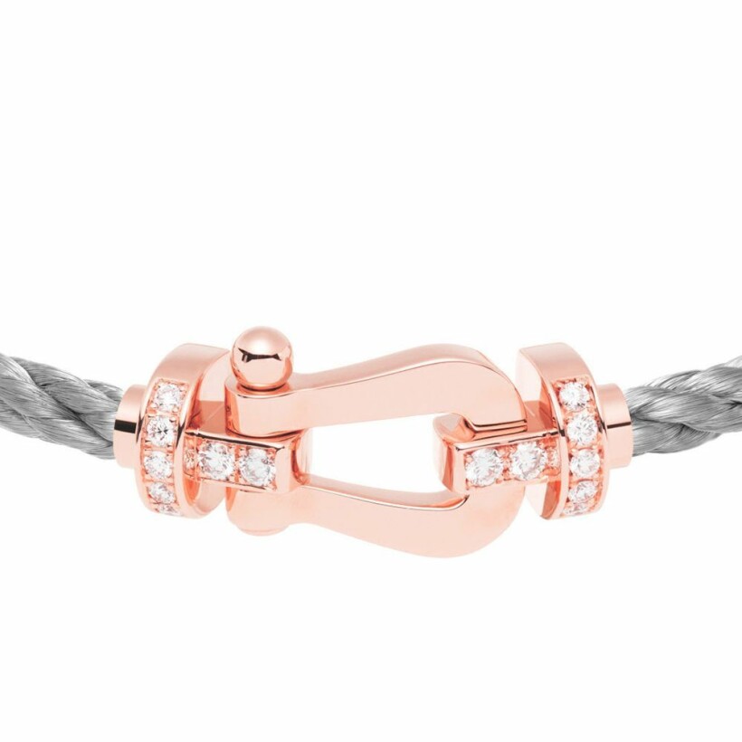 Bracelet FRED Force 10 grand modèle manille en or rose, diamants et câble en cuir 