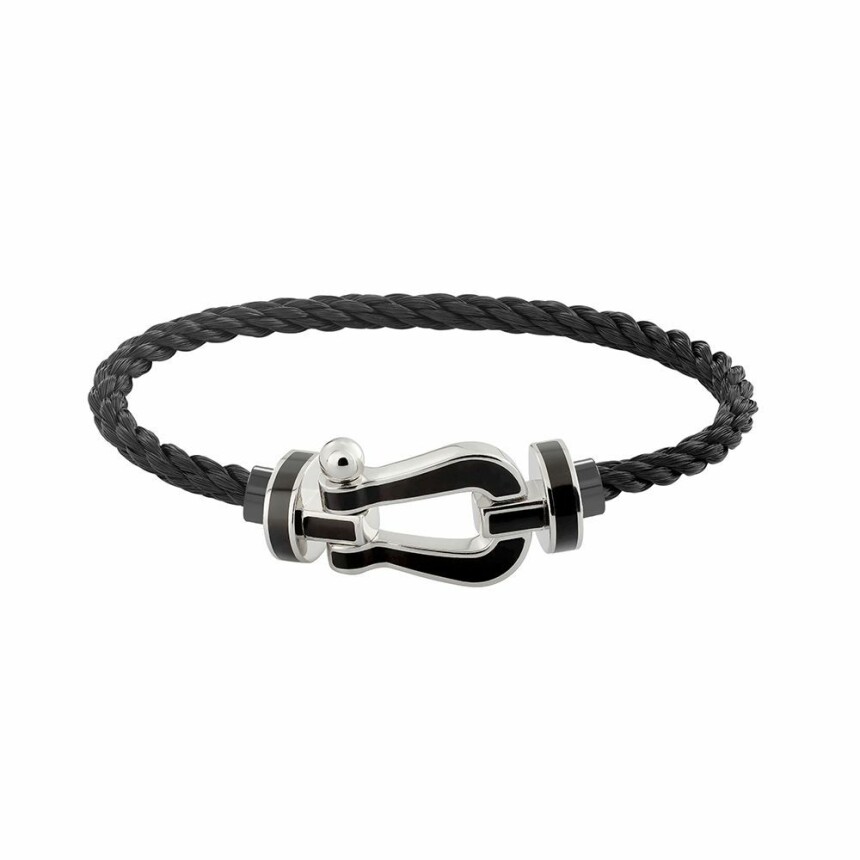 FRED Force 10 bracelet, large size, white gold manilla, black lacquer, black rope cord