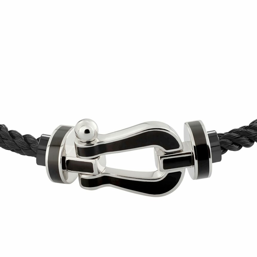 Bracelet FRED Force 10 grand modèle manille en or blanc, laque noire et câble en corderie noire
