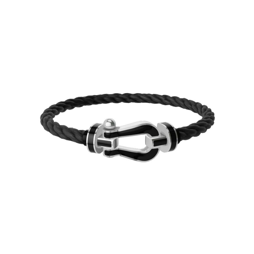 Bracelet FRED Force 10 Grand Modèle en or blanc et laque noir, câble en corderie noir