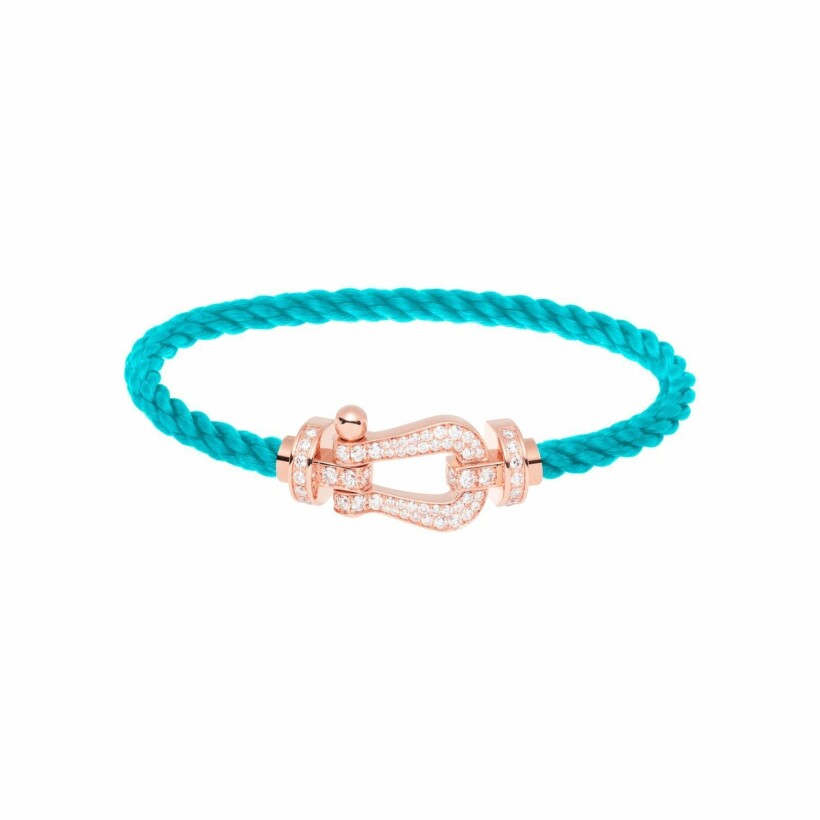Bracelet FRED Force 10 Grand Modèle en or rose, diamants, câble en corderie bleu turquoise et acier doré rose