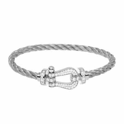 Bracelet FRED Force 10 grand modèle manille en or blanc, diamants et câble en acier