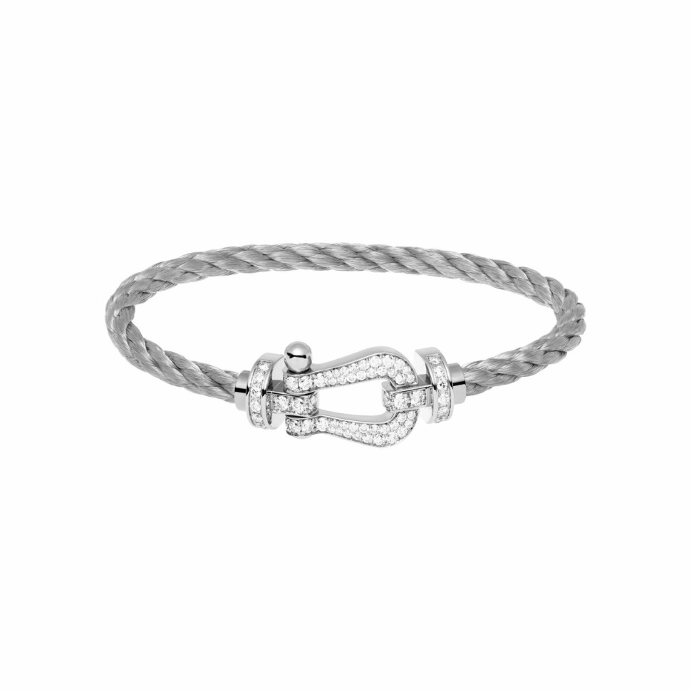 FRED Force 10 bracelet, large size, white gold buckle with diamonds, steel cable