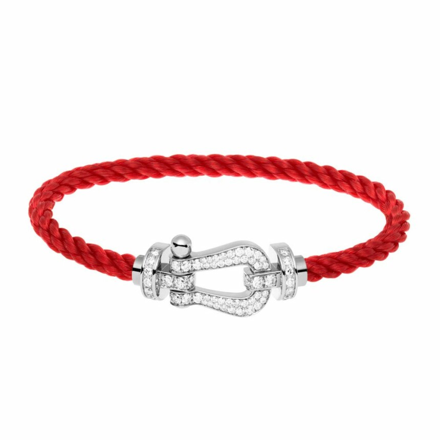 FRED Force 10 bracelet, large size, white gold manilla, diamonds, red rope cord