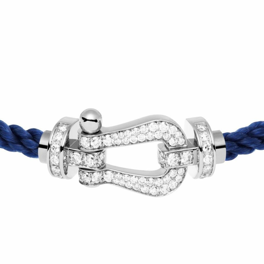 Bracelet FRED Force 10 grand modèle manille en or blanc, diamants et câble en corderie bleu indigo