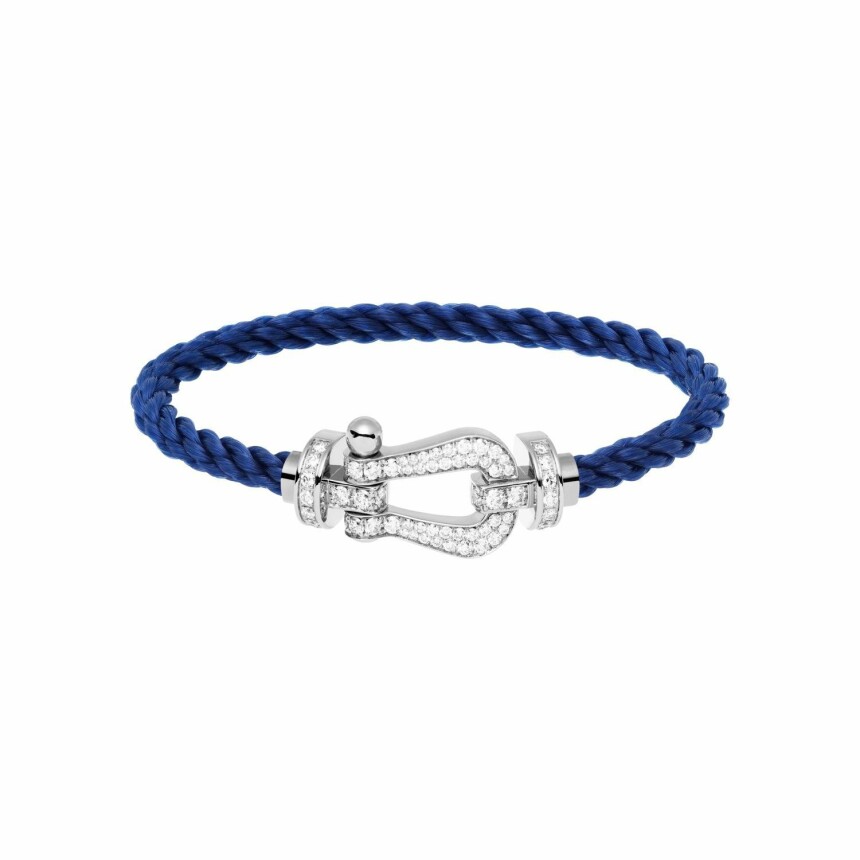 Bracelet FRED Force 10 Grand Modèle en or blanc et diamants, câble en corderie bleu indigo