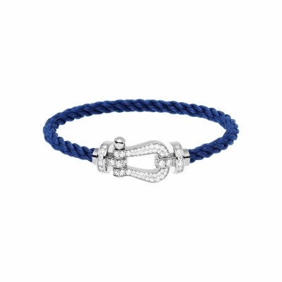 FRED Force 10 bracelet, large size, white gold buckle with diamonds, indigo blue corderie cable