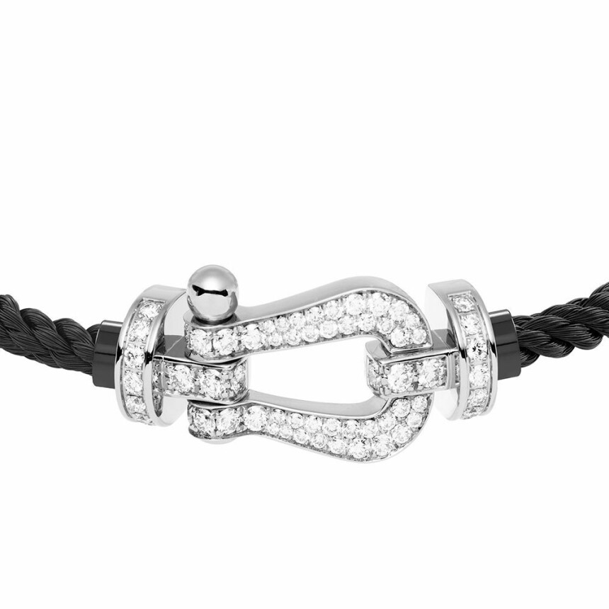 Bracelet FRED Force 10 grand modèle manille en or blanc, diamants et câble en corderie noire