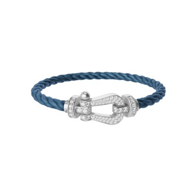 Bracelet FRED Force 10 Grand Modèle en or blanc et diamants, câble en corderie bleu jean