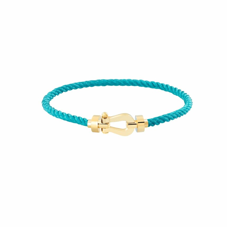 Bracelet FRED Force 10 moyen modèle manille en or jaune et câble en corderie turquoise