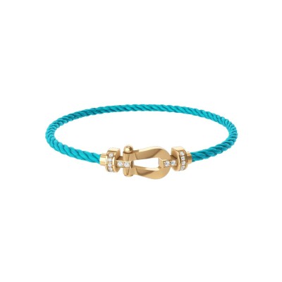 Bracelet FRED Force 10 Moyen Modèle en or jaune et diamants, câble en corderie bleu turquoise