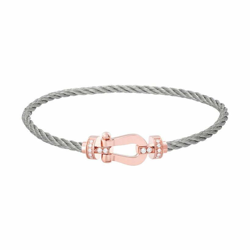 Bracelet FRED Force 10 moyen modèle manille en or rose, diamants et câble en acier 