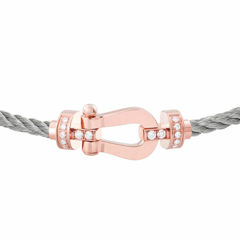 Bracelet FRED Force 10 moyen modèle manille en or rose, diamants et câble en acier 