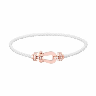 Bracelet FRED Force 10 moyen modèle manille en or rose, diamants et câble en corderie blanc