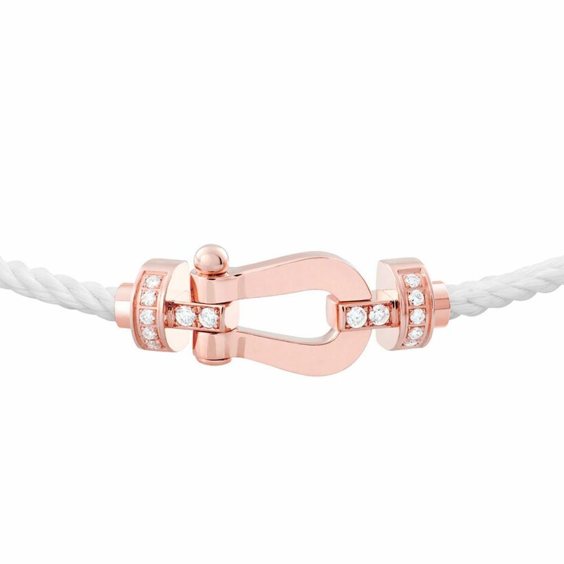 Bracelet FRED Force 10 moyen modèle manille en or rose, diamants et câble en corderie blanc