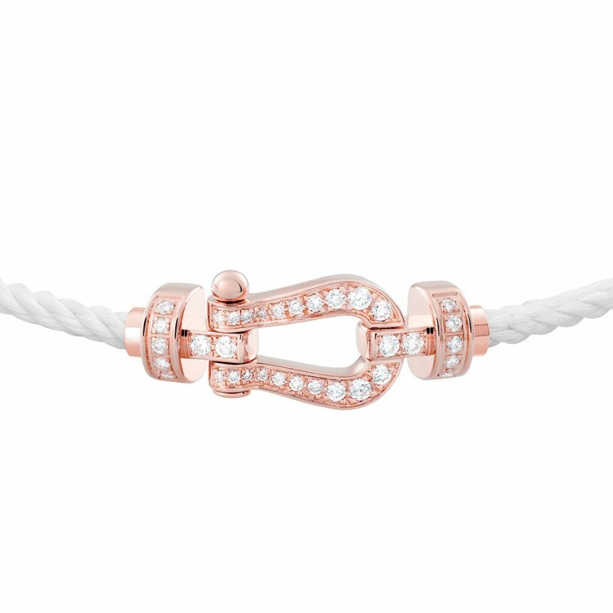 Bracelet FRED Force 10 moyen modèle manille en or rose, diamants et câble en corderie blanc