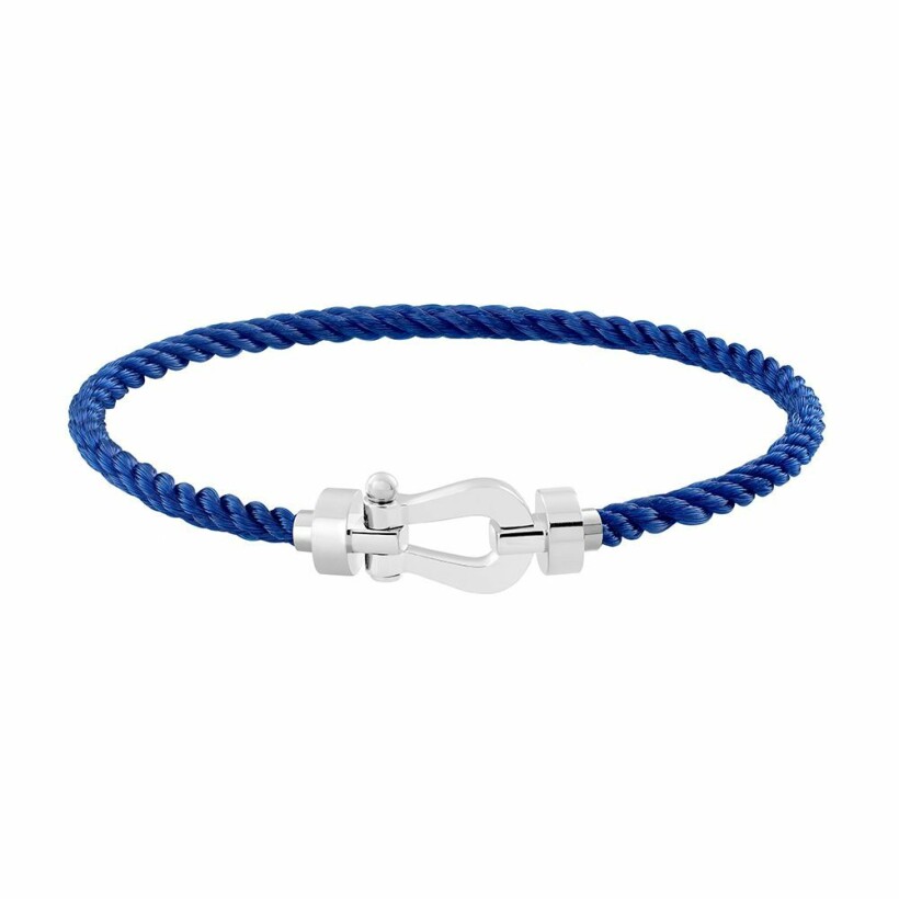 Bracelet FRED Force 10 moyen modèle manille en or blanc et câble en corderie bleu indigo