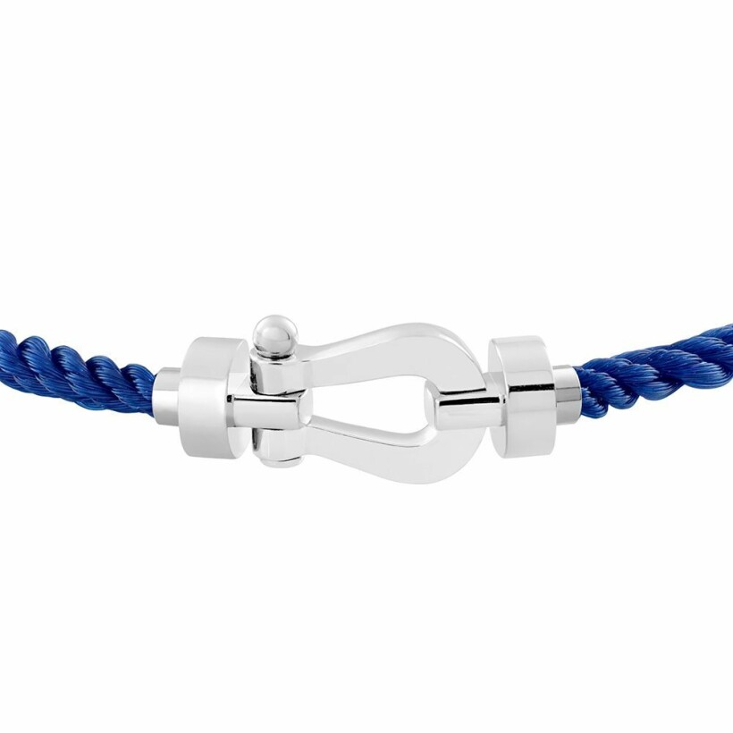 Bracelet FRED Force 10 moyen modèle manille en or blanc et câble en corderie bleu indigo