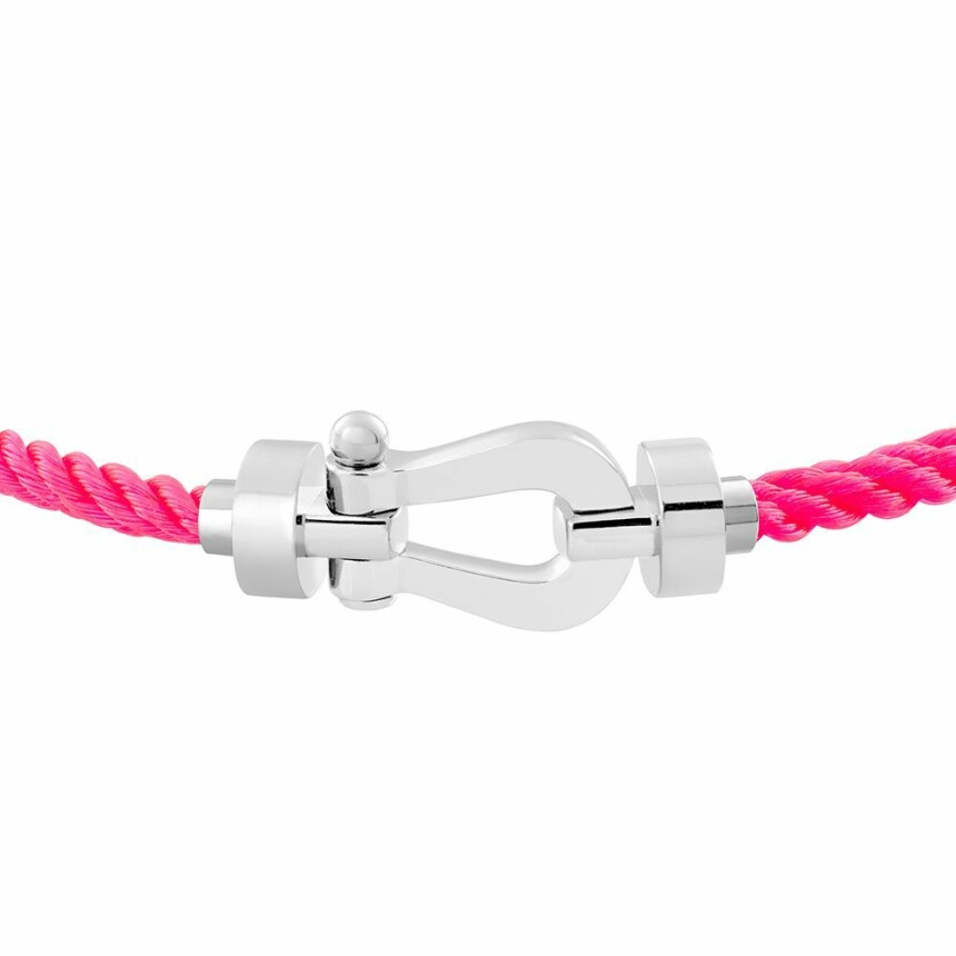 Bracelet FRED Force 10 moyen modèle manille en or blanc et câble en corderie rose fluo