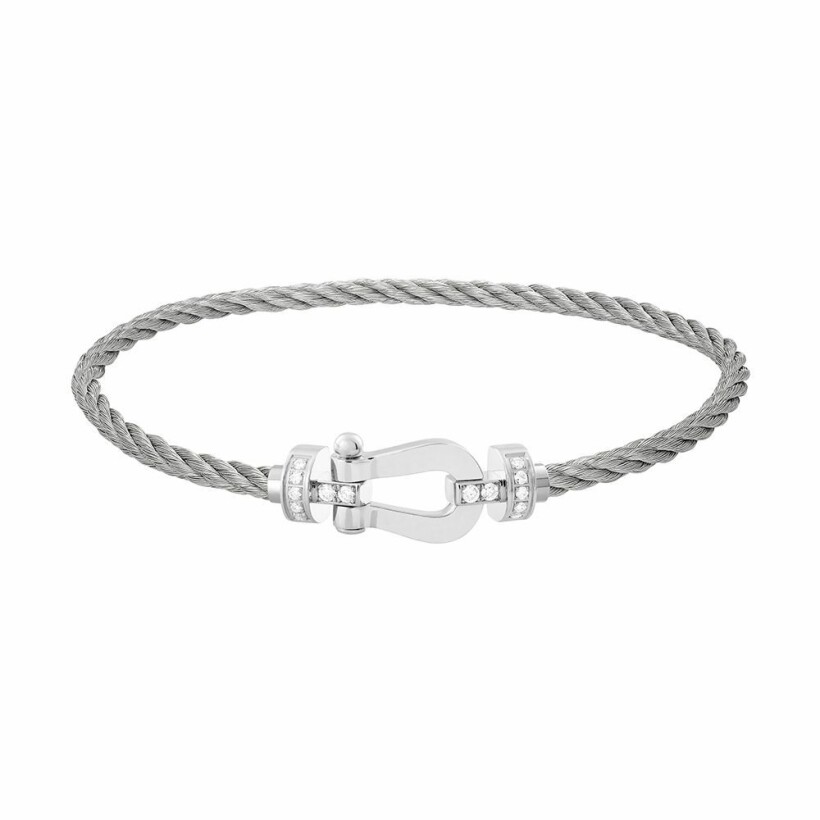 Bracelet FRED Force 10 moyen modèle manille en or blanc, diamants et câble en acier 