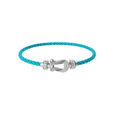FRED Force 10 bracelet, medium size, white gold buckle with diamonds, turquoise corderie cable