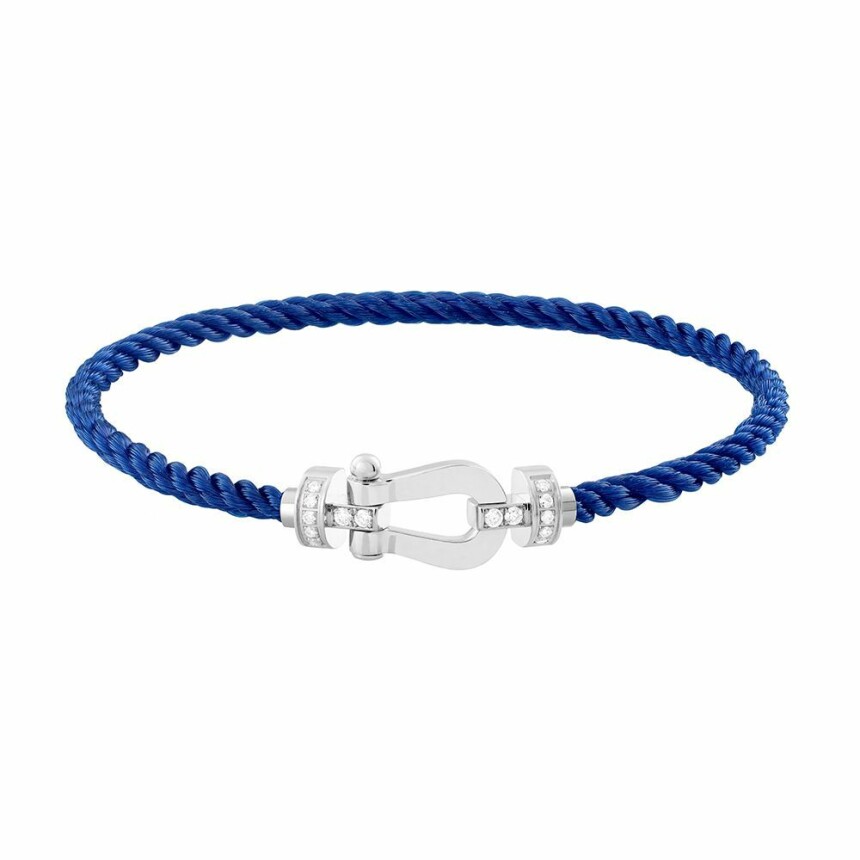 FRED Force 10 bracelet, medium size, white gold manilla, diamonds, indigo blue rope cord