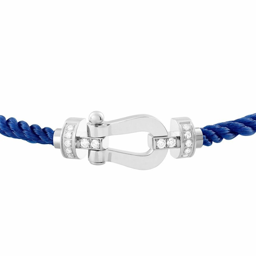 Bracelet FRED Force 10 moyen modèle manille en or blanc, diamants et câble en corderie bleu indigo