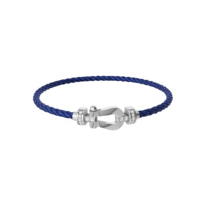 FRED Force 10 bracelet, medium size, white gold buckle with diamonds, indigo blue corderie cable