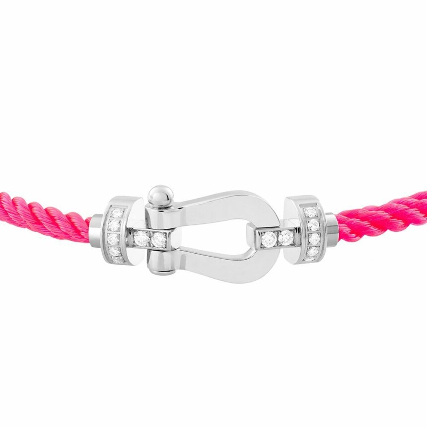 Bracelet FRED Force 10 moyen modèle manille en or blanc, diamants et câble en corderie rose fluo