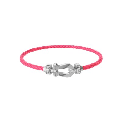 FRED Force 10 bracelet, medium size, white gold buckle with diamonds, neon pink corderie cable