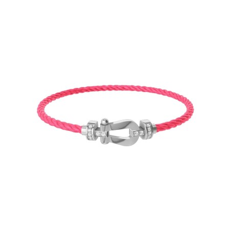 Bracelet FRED Force 10 Moyen Modèle en or blanc et diamants, câble en corderie rose fluo