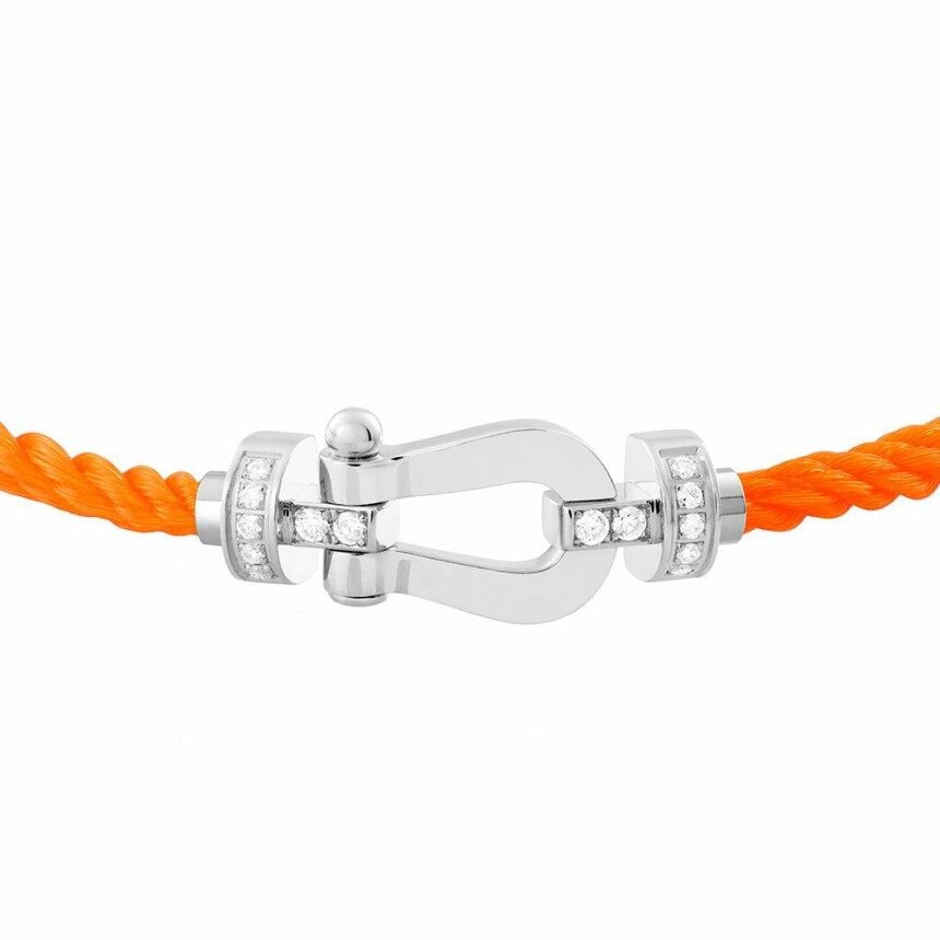 Bracelet FRED Force 10 moyen modèle manille en or blanc, diamants et câble en corderie orange fluo