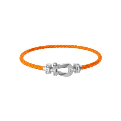 FRED Force 10 bracelet, medium size, white gold buckle with diamonds, neon orange corderie cable