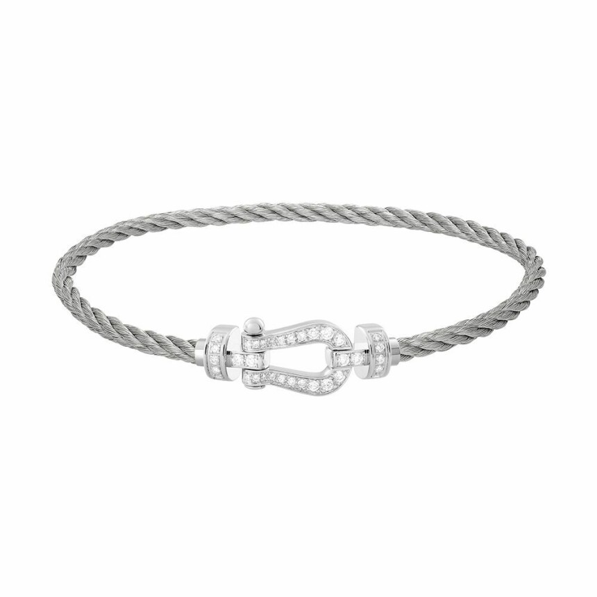 Bracelet FRED Force 10 moyen modèle manille en or blanc, diamants et câble en acier 