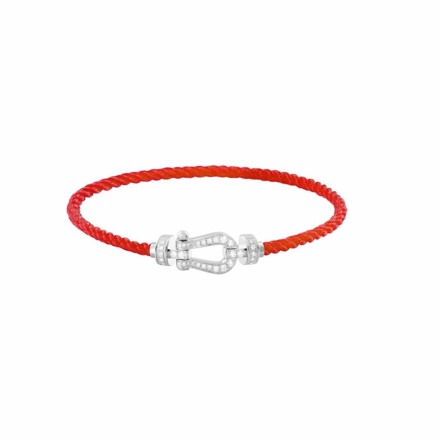 Bracelet FRED Force 10 moyen modèle manille en or blanc et diamants, câble en corderie rouge