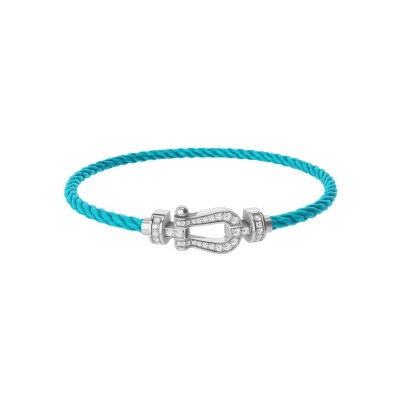FRED Force 10 bracelet, medium size, white gold buckle with diamonds, turquoise corderie cable