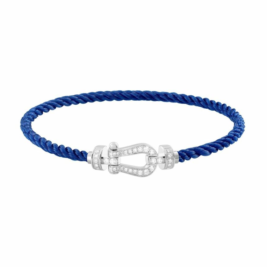 Bracelet FRED Force 10 moyen modèle manille en or blanc, diamants et câble en corderie bleu indigo