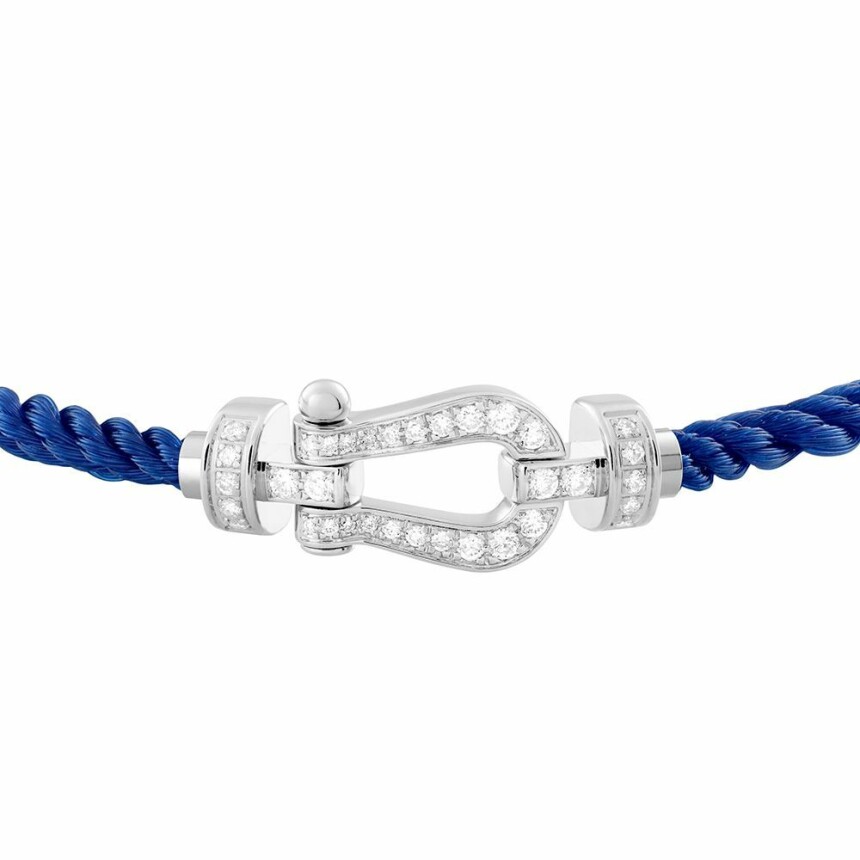 FRED Force 10 bracelet, medium size, white gold manilla, diamonds, indigo blue rope cord