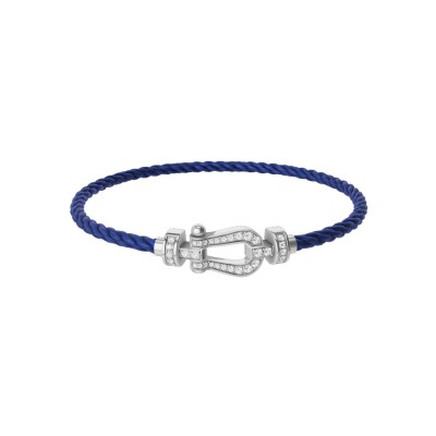 FRED Force 10 bracelet, medium size, white gold buckle with diamonds, indigo blue corderie cable