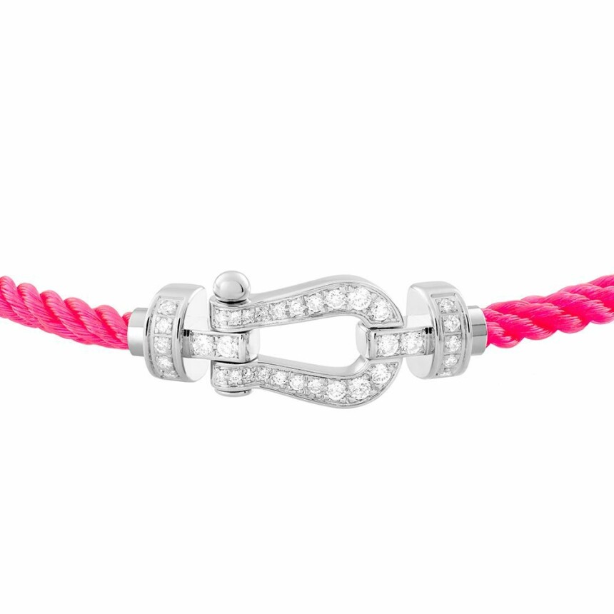 Bracelet FRED Force 10 moyen modèle manille en or blanc, diamants et câble en corderie rose fluo