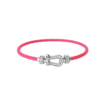 FRED Force 10 bracelet, medium size, white gold buckle with diamonds, neon pink corderie cable