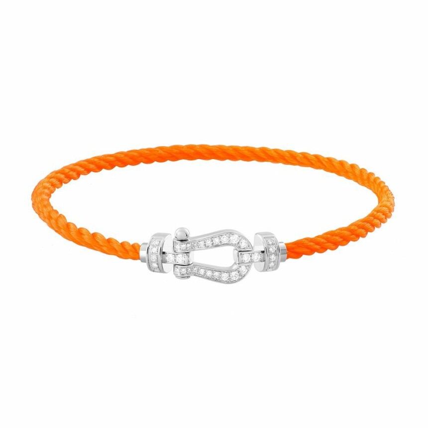 Bracelet FRED Force 10 moyen modèle manille en or blanc, diamants et câble en corderie orange fluo