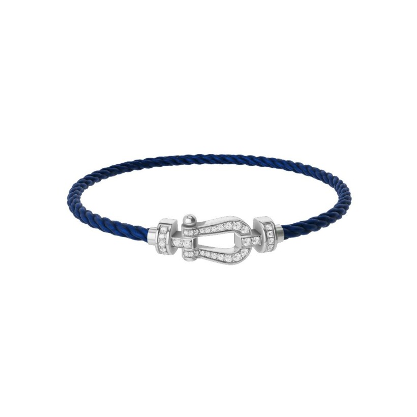 Bracelet FRED Force 10 Moyen Modèle en or blanc et diamants, câble en corderie bleu marine