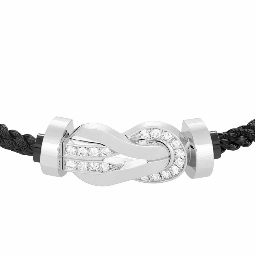 Bracelet FRED Chance Infinie grand modèle boucle en or blanc, diamants et câble en acier noir