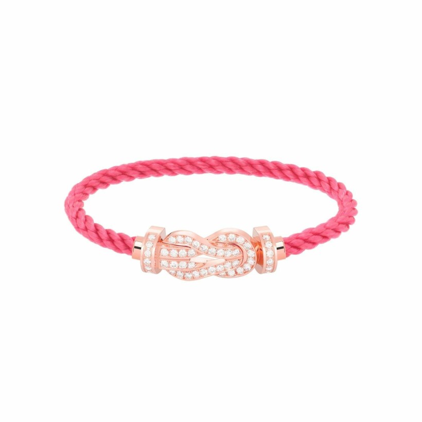 Bracelet FRED Chance Infinie Grand modèle or rose, diamants, câble en corderie bois de rose et acier doré rose