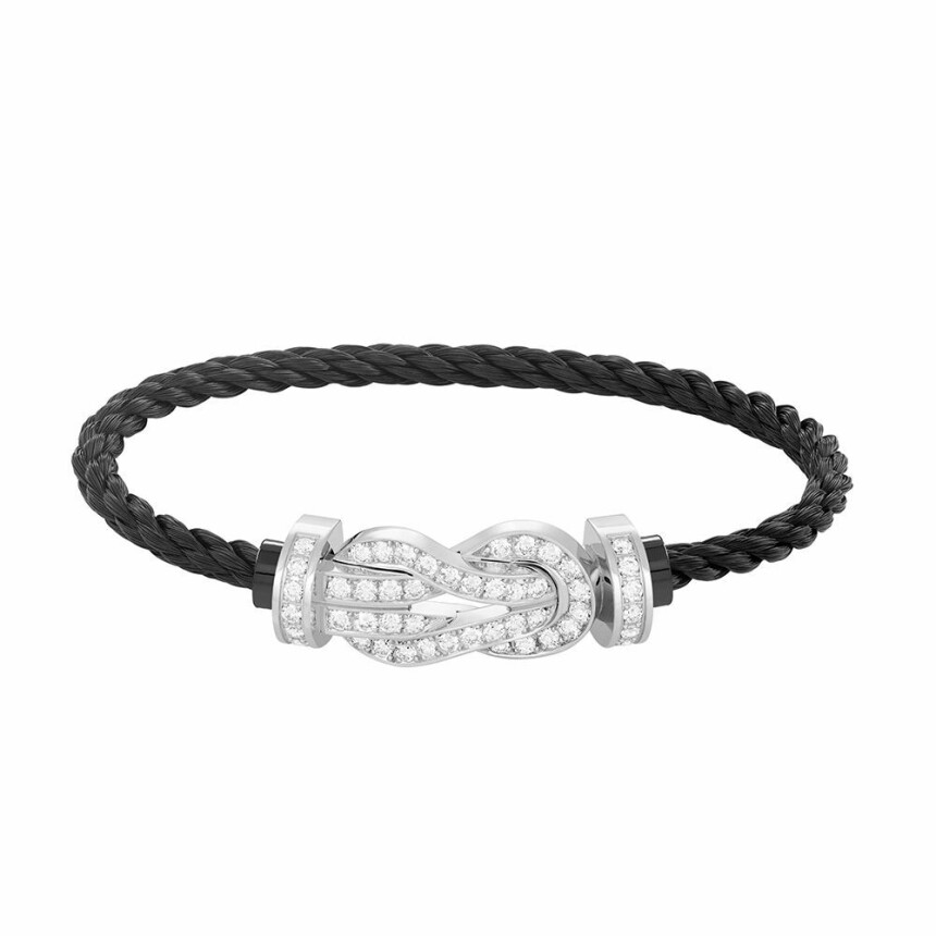 Bracelet FRED Chance Infinie grand modèle boucle en or blanc, diamants et câble en acier noir