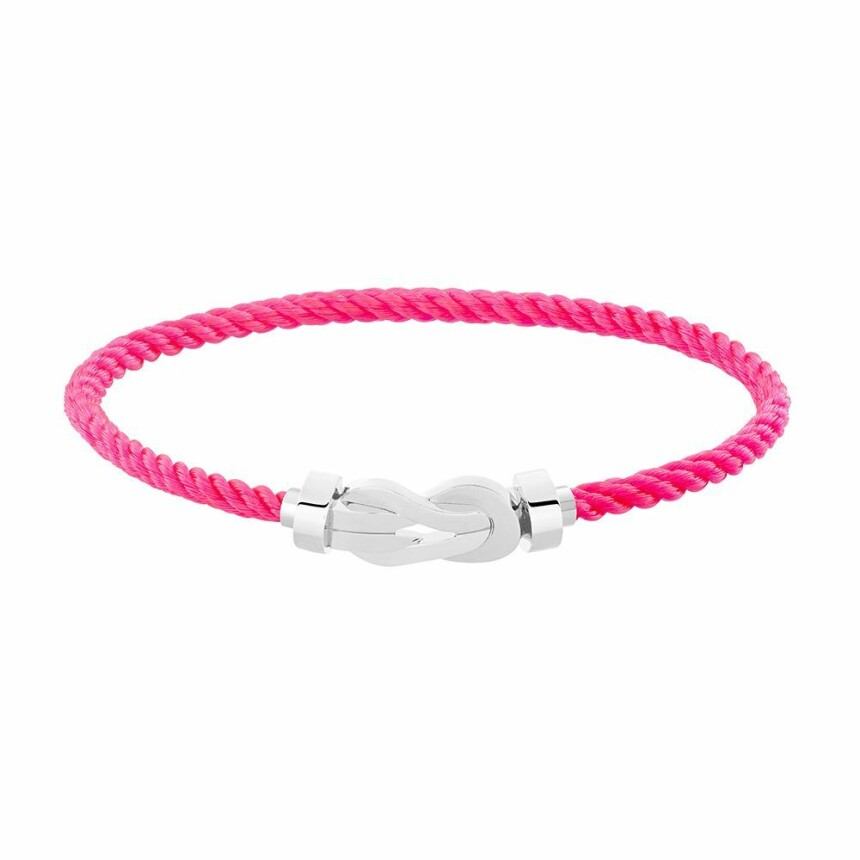 Bracelet FRED Chance Infinie moyen modèle manille en or blanc et câble en corderie rose fluo